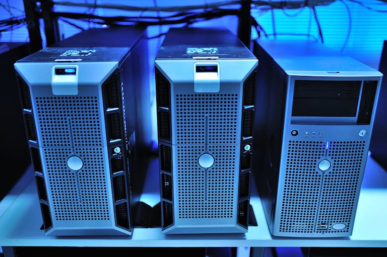 Close-up view of modern rack-mounted server units in a data center.